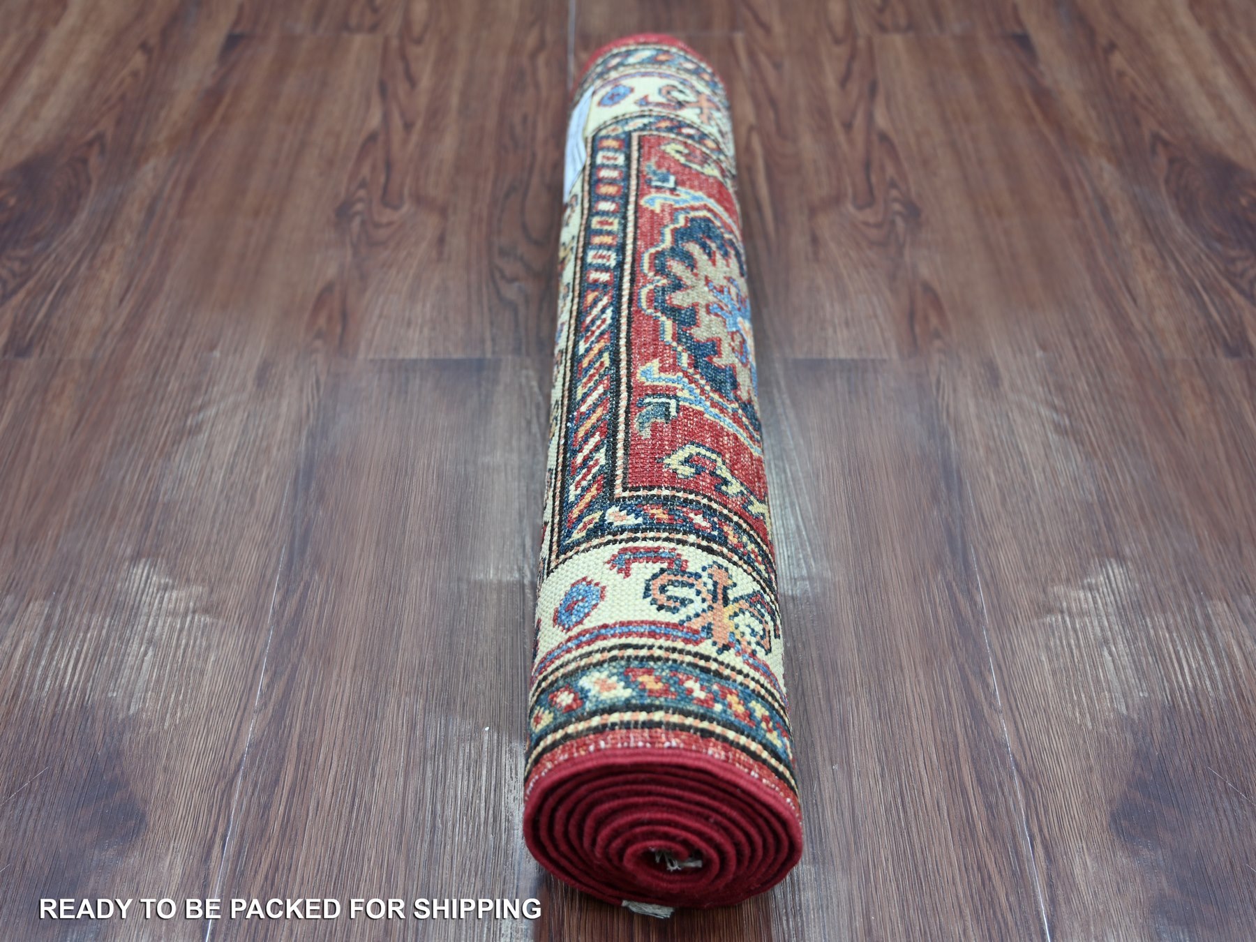 2'x6' Crimson Red, Afghan Super Kazak with Tribal Medallions Design, Hand Knotted, Pure Wool, Vegetable Dyes, Narrow Runner, Oriental Rug HR21411 - Image 4