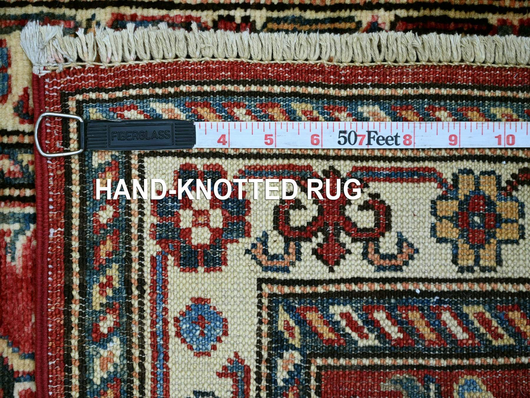 2'x6' Crimson Red, Afghan Super Kazak with Tribal Medallions Design, Hand Knotted, Pure Wool, Vegetable Dyes, Narrow Runner, Oriental Rug HR21411 - Image 6