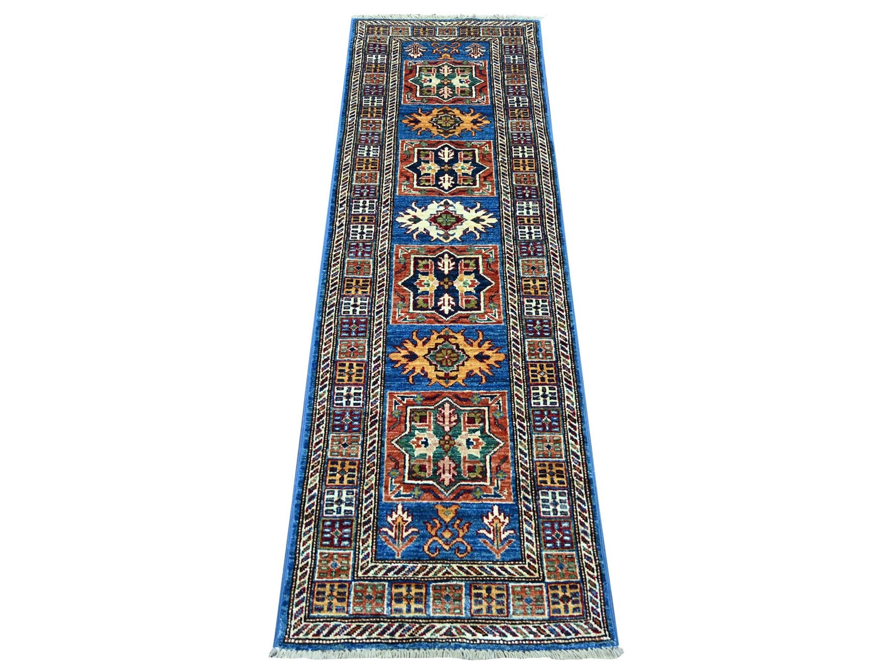 2'x6'3" Bayern Blue, Afghan Super Kazak with Star Medallions Design, Hand Knotted, Pure Wool, Vegetable Dyes, Narrow Runner, Oriental Rug HR21412
