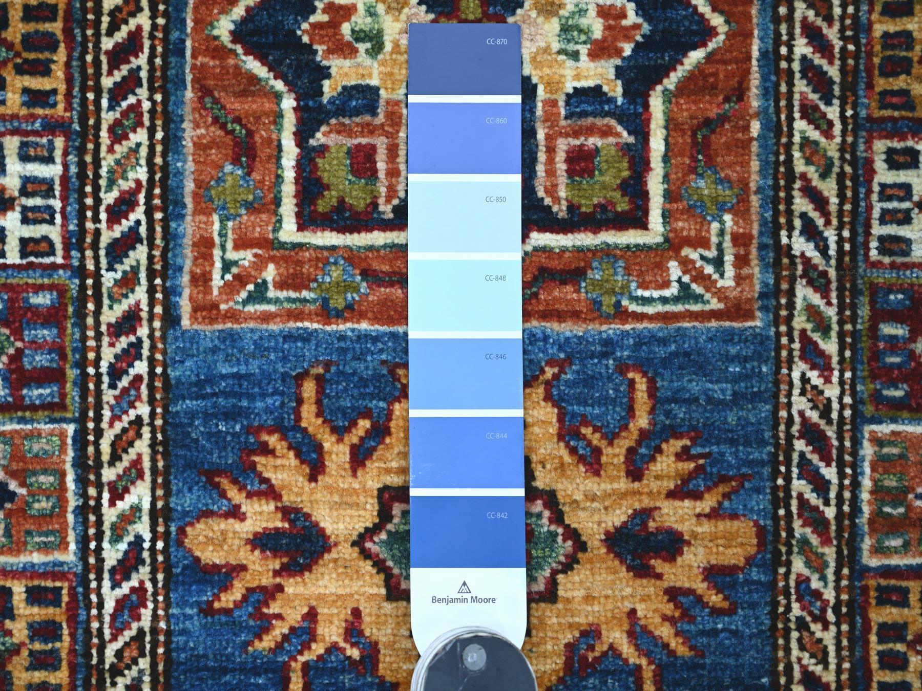 2'x6'3" Bayern Blue, Afghan Super Kazak with Star Medallions Design, Hand Knotted, Pure Wool, Vegetable Dyes, Narrow Runner, Oriental Rug HR21412 - Image 3