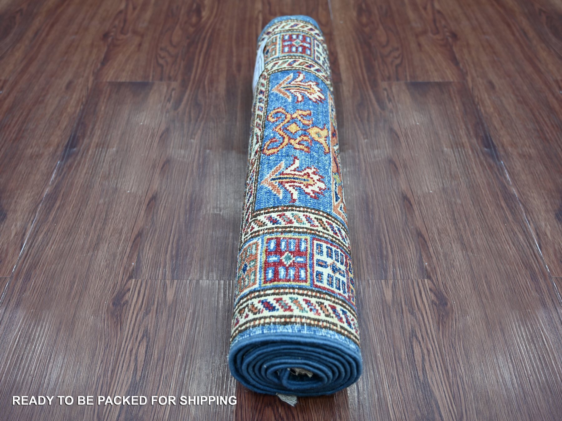 2'x6'3" Bayern Blue, Afghan Super Kazak with Star Medallions Design, Hand Knotted, Pure Wool, Vegetable Dyes, Narrow Runner, Oriental Rug HR21412 - Image 4