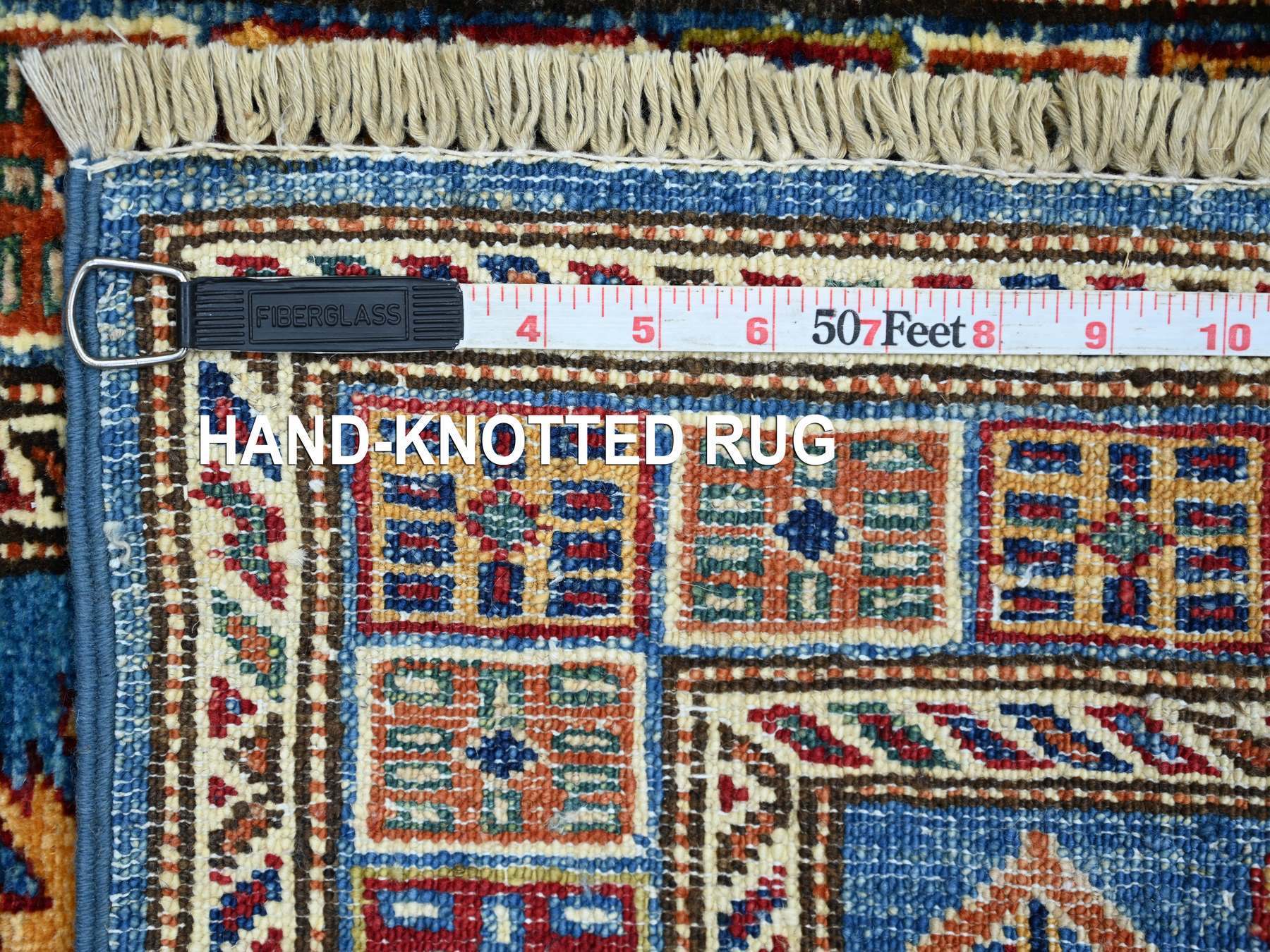 2'x6'3" Bayern Blue, Afghan Super Kazak with Star Medallions Design, Hand Knotted, Pure Wool, Vegetable Dyes, Narrow Runner, Oriental Rug HR21412 - Image 6