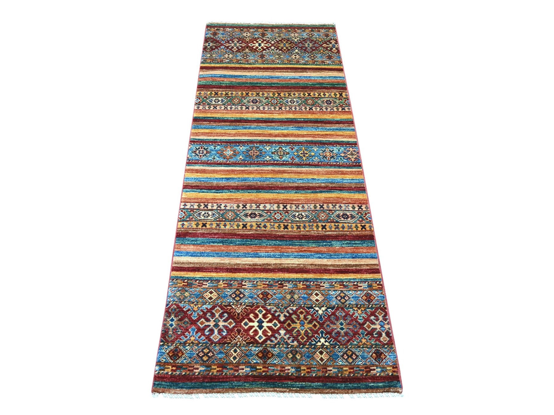 2'6"x6'7" Colorful, Afghan Super Kazak with Khorjin Design, Natural Dyes, Hand Knotted, Velvety Wool, Dense Weave, Runner, Oriental Rug HR21413