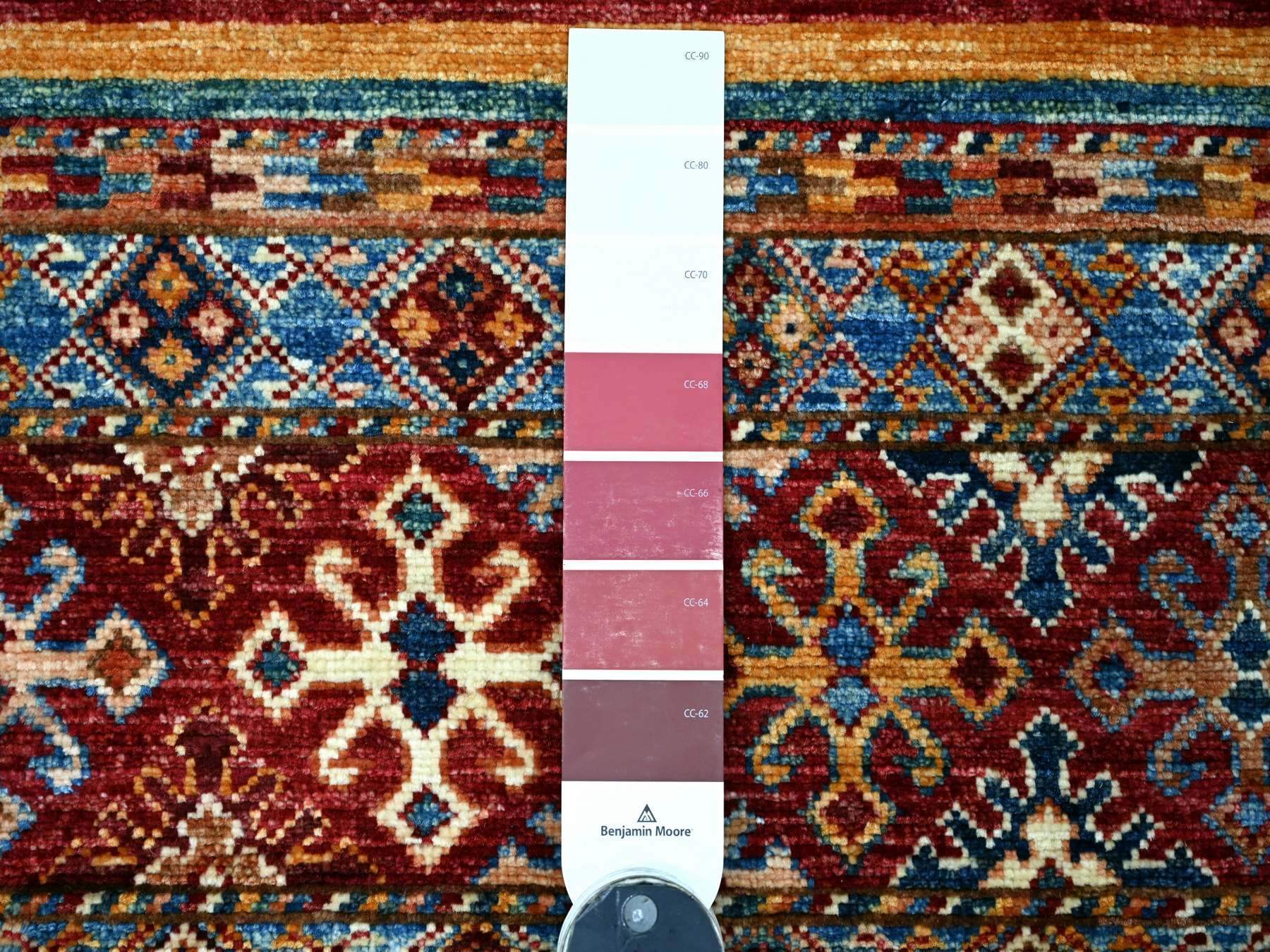 2'6"x6'7" Colorful, Afghan Super Kazak with Khorjin Design, Natural Dyes, Hand Knotted, Velvety Wool, Dense Weave, Runner, Oriental Rug HR21413 - Image 3