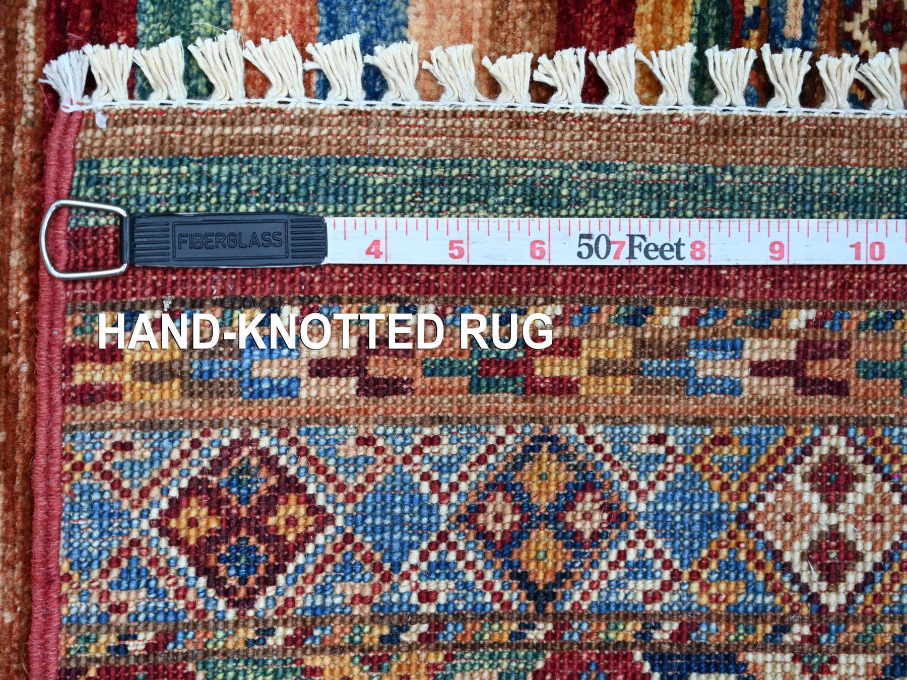 2'6"x6'7" Colorful, Afghan Super Kazak with Khorjin Design, Natural Dyes, Hand Knotted, Velvety Wool, Dense Weave, Runner, Oriental Rug HR21413 - Image 6