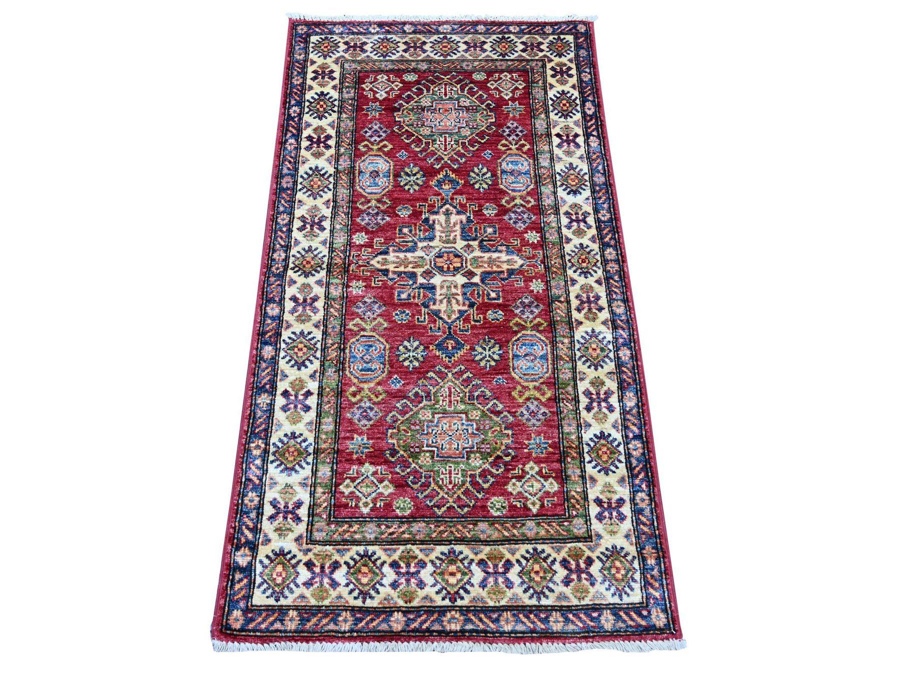 2'5"x4'8" Lychee Red, Afghan Super Kazak with Geometric Medallions Design, Hand Knotted, Soft Wool, Vegetable Dyes, Oriental Rug HR21420