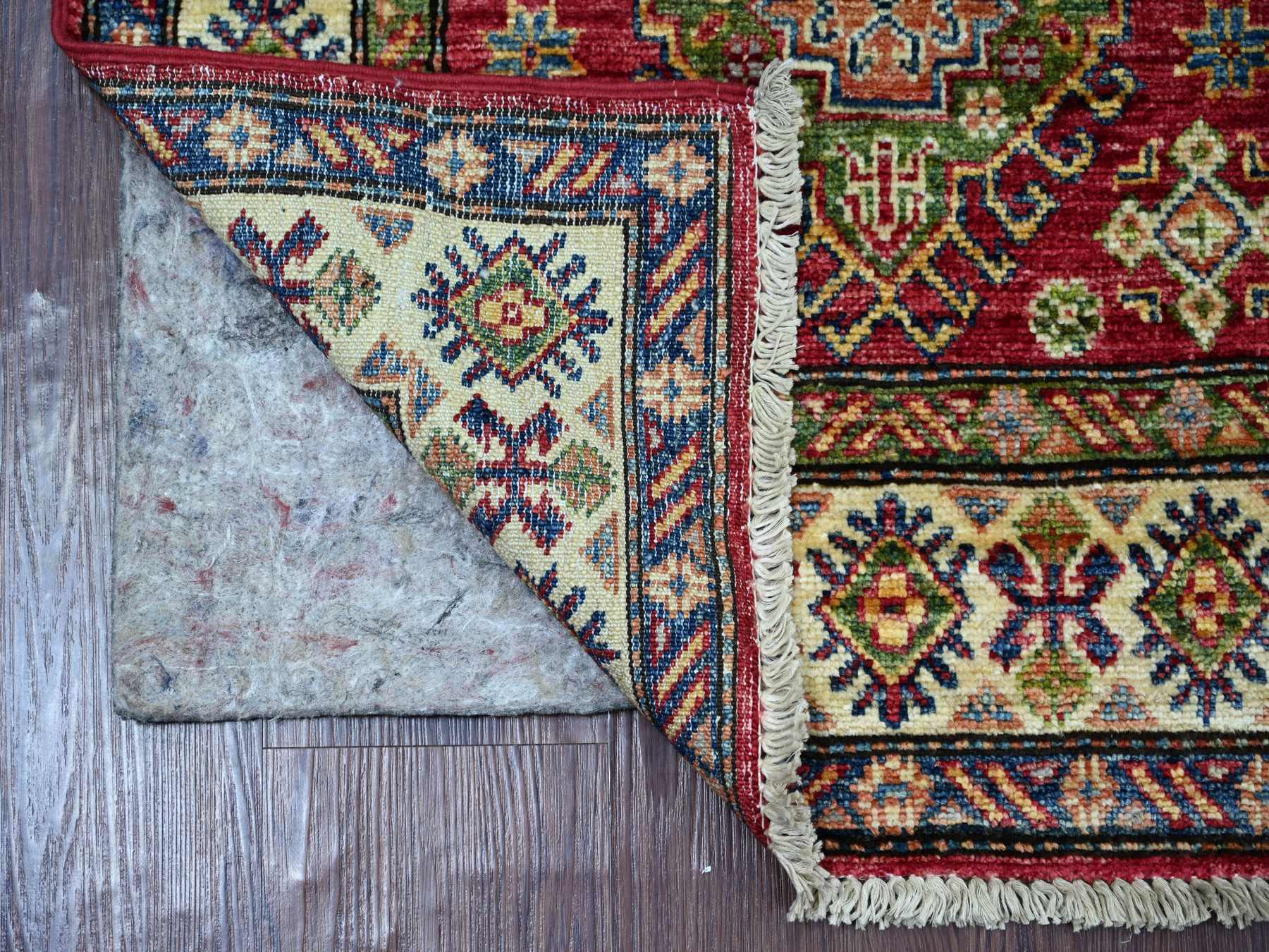 2'5"x4'8" Lychee Red, Afghan Super Kazak with Geometric Medallions Design, Hand Knotted, Soft Wool, Vegetable Dyes, Oriental Rug HR21420 - Image 2