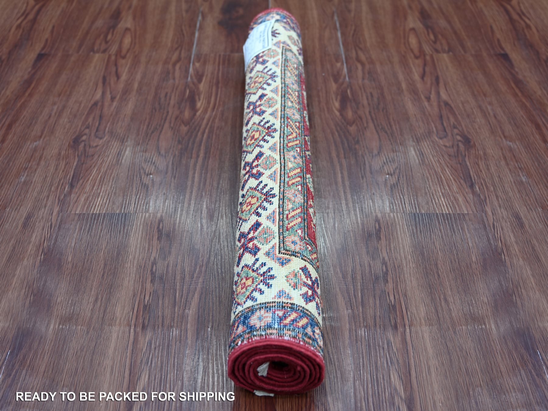 2'5"x4'8" Lychee Red, Afghan Super Kazak with Geometric Medallions Design, Hand Knotted, Soft Wool, Vegetable Dyes, Oriental Rug HR21420 - Image 4