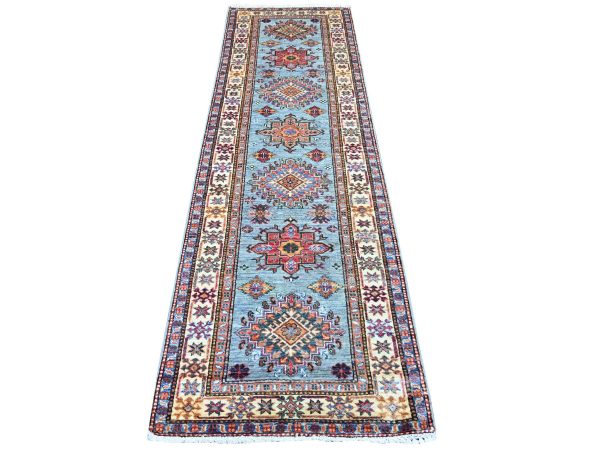 2'7"x8'6" Cerulean Blue, Afghan Super Kazak with Tribal Medallions Design, Hand Knotted, Soft Wool, Vegetable Dyes, Runner, Oriental Rug HR21425