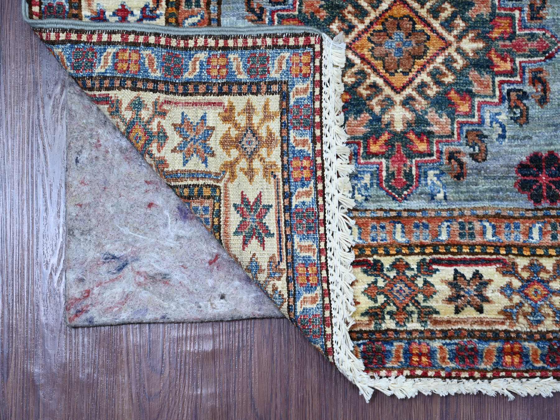 2'7"x8'6" Cerulean Blue, Afghan Super Kazak with Tribal Medallions Design, Hand Knotted, Soft Wool, Vegetable Dyes, Runner, Oriental Rug HR21425 - Image 2