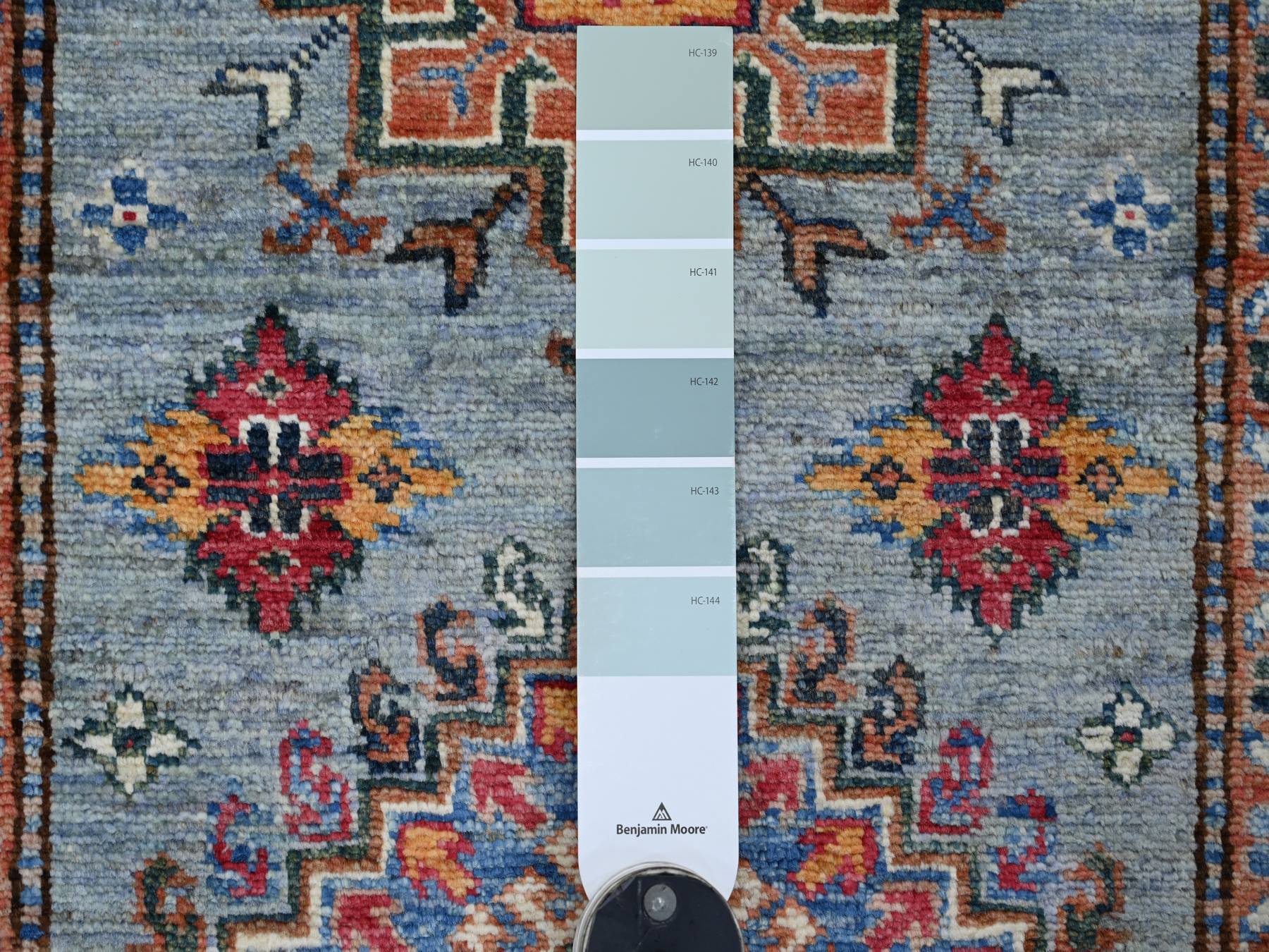2'7"x8'6" Cerulean Blue, Afghan Super Kazak with Tribal Medallions Design, Hand Knotted, Soft Wool, Vegetable Dyes, Runner, Oriental Rug HR21425 - Image 3