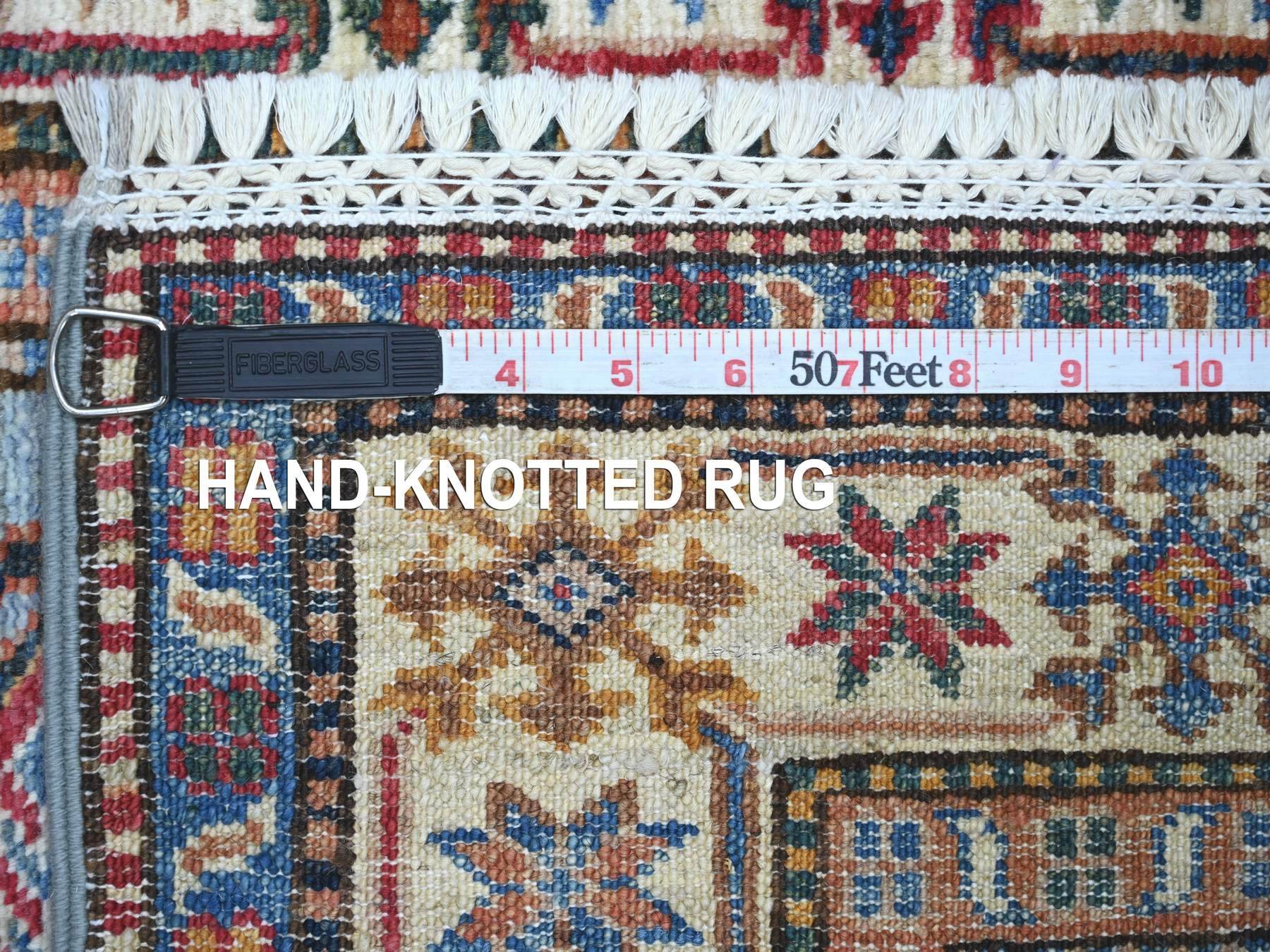 2'7"x8'6" Cerulean Blue, Afghan Super Kazak with Tribal Medallions Design, Hand Knotted, Soft Wool, Vegetable Dyes, Runner, Oriental Rug HR21425 - Image 6
