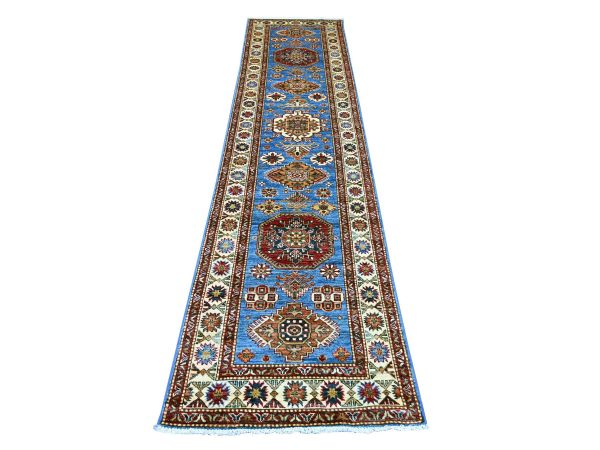 2'8"x10'10" Bayern Blue, Afghan Super Kazak with Geometric Medallions Design, Hand Knotted, Pure Wool, Vegetable Dyes, Runner, Oriental Rug HR21426
