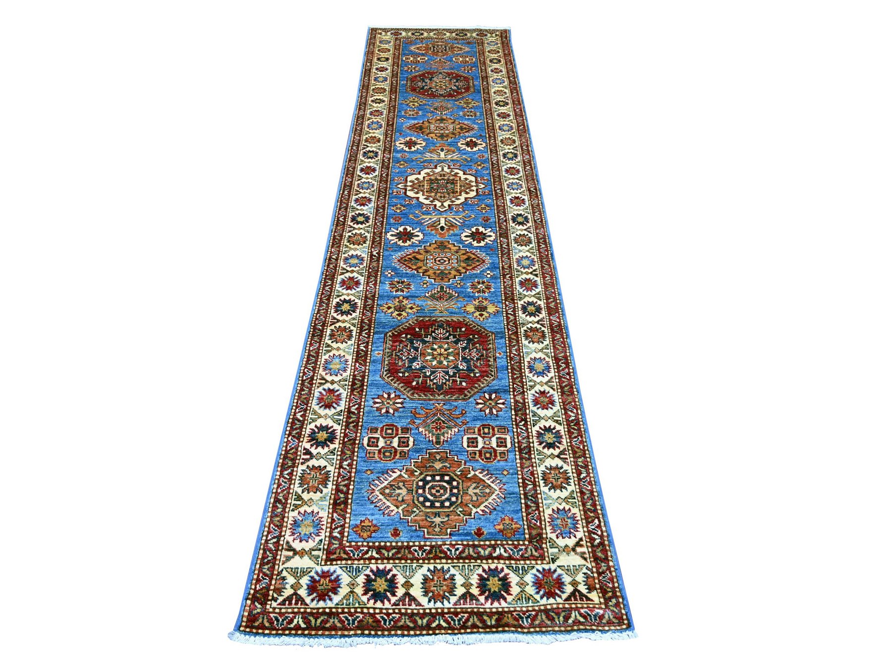 2'8"x10'10" Bayern Blue, Afghan Super Kazak with Geometric Medallions Design, Hand Knotted, Pure Wool, Vegetable Dyes, Runner, Oriental Rug HR21426