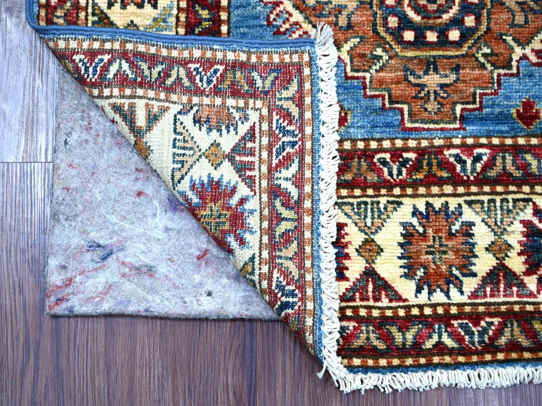 2'8"x10'10" Bayern Blue, Afghan Super Kazak with Geometric Medallions Design, Hand Knotted, Pure Wool, Vegetable Dyes, Runner, Oriental Rug HR21426 - Image 2