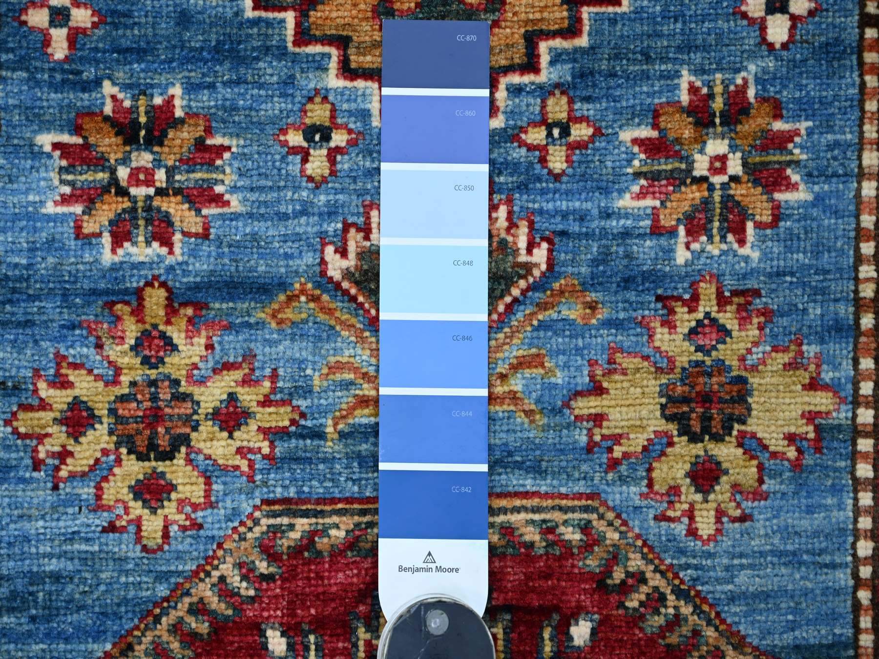 2'8"x10'10" Bayern Blue, Afghan Super Kazak with Geometric Medallions Design, Hand Knotted, Pure Wool, Vegetable Dyes, Runner, Oriental Rug HR21426 - Image 3