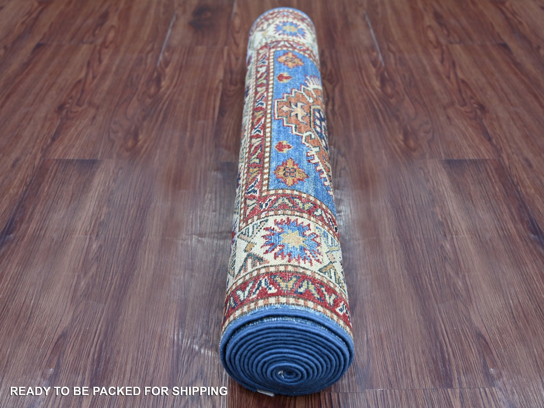 2'8"x10'10" Bayern Blue, Afghan Super Kazak with Geometric Medallions Design, Hand Knotted, Pure Wool, Vegetable Dyes, Runner, Oriental Rug HR21426 - Image 4