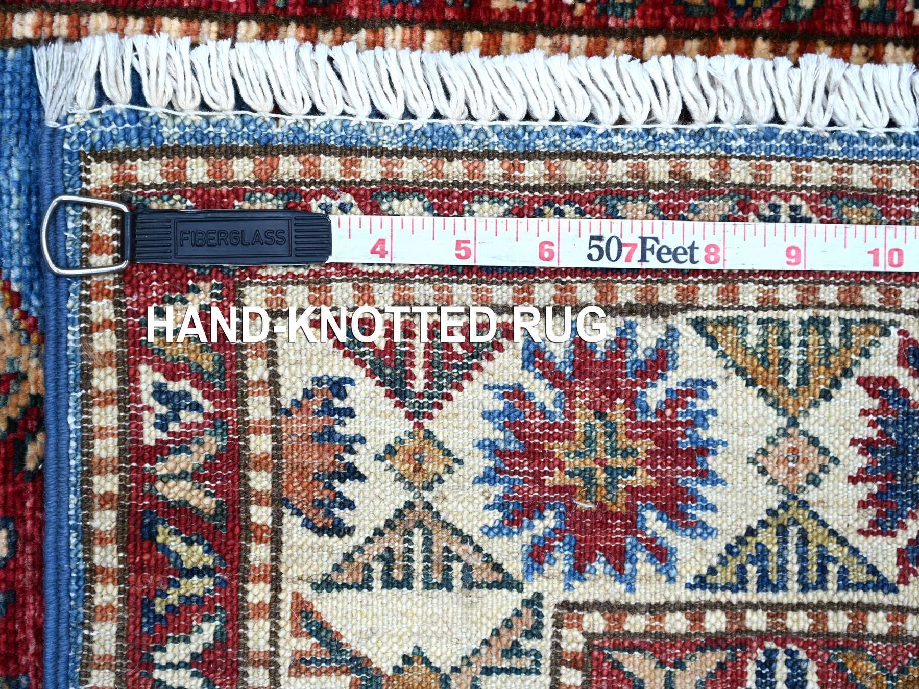 2'8"x10'10" Bayern Blue, Afghan Super Kazak with Geometric Medallions Design, Hand Knotted, Pure Wool, Vegetable Dyes, Runner, Oriental Rug HR21426 - Image 6