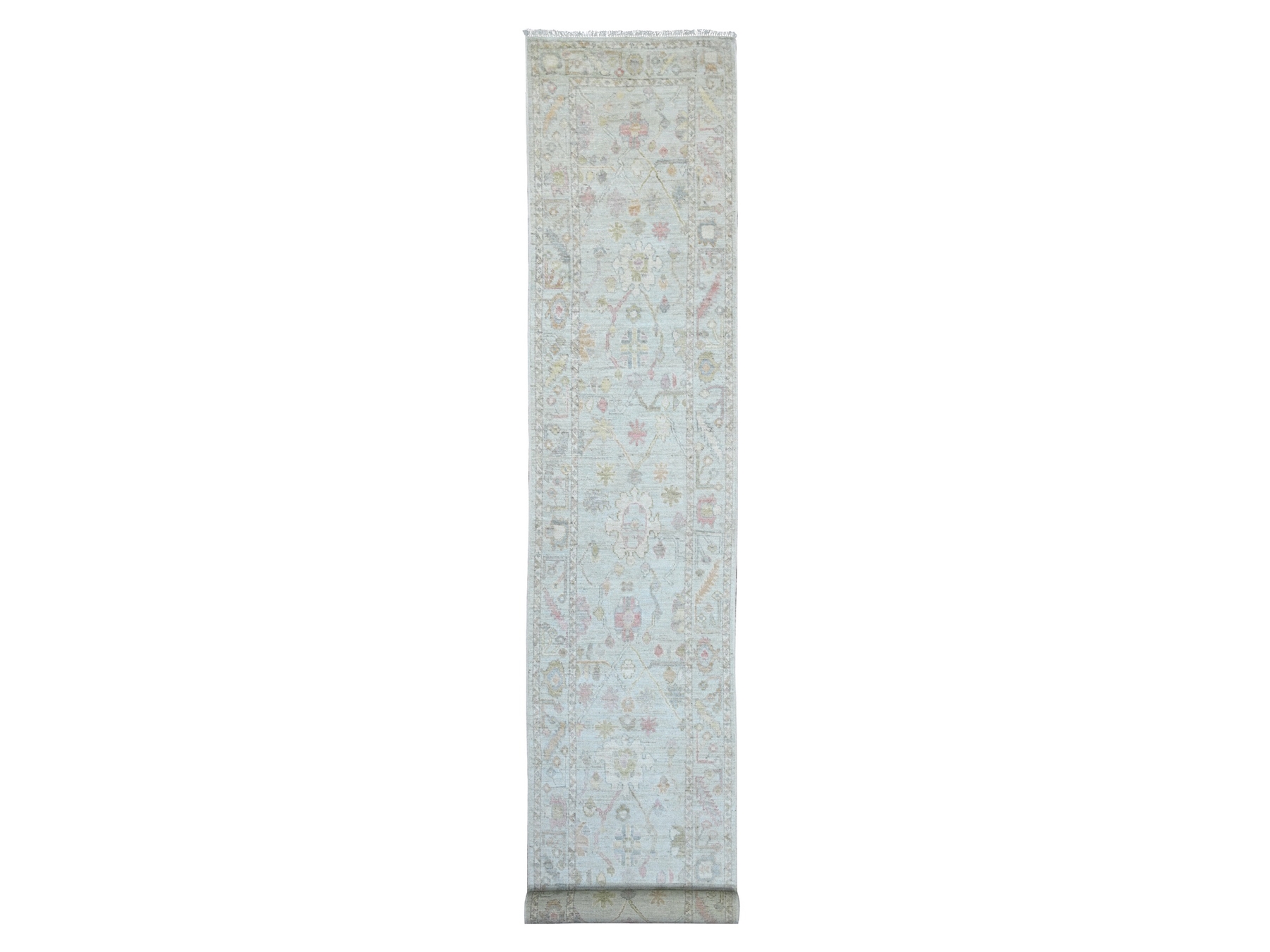 2'10"x19'3" Light Blue, Afghan Angora Oushak with All Over Design, Hand Knotted, 100% Wool, Densely Woven, XL Runner, Oriental Rug HR21440