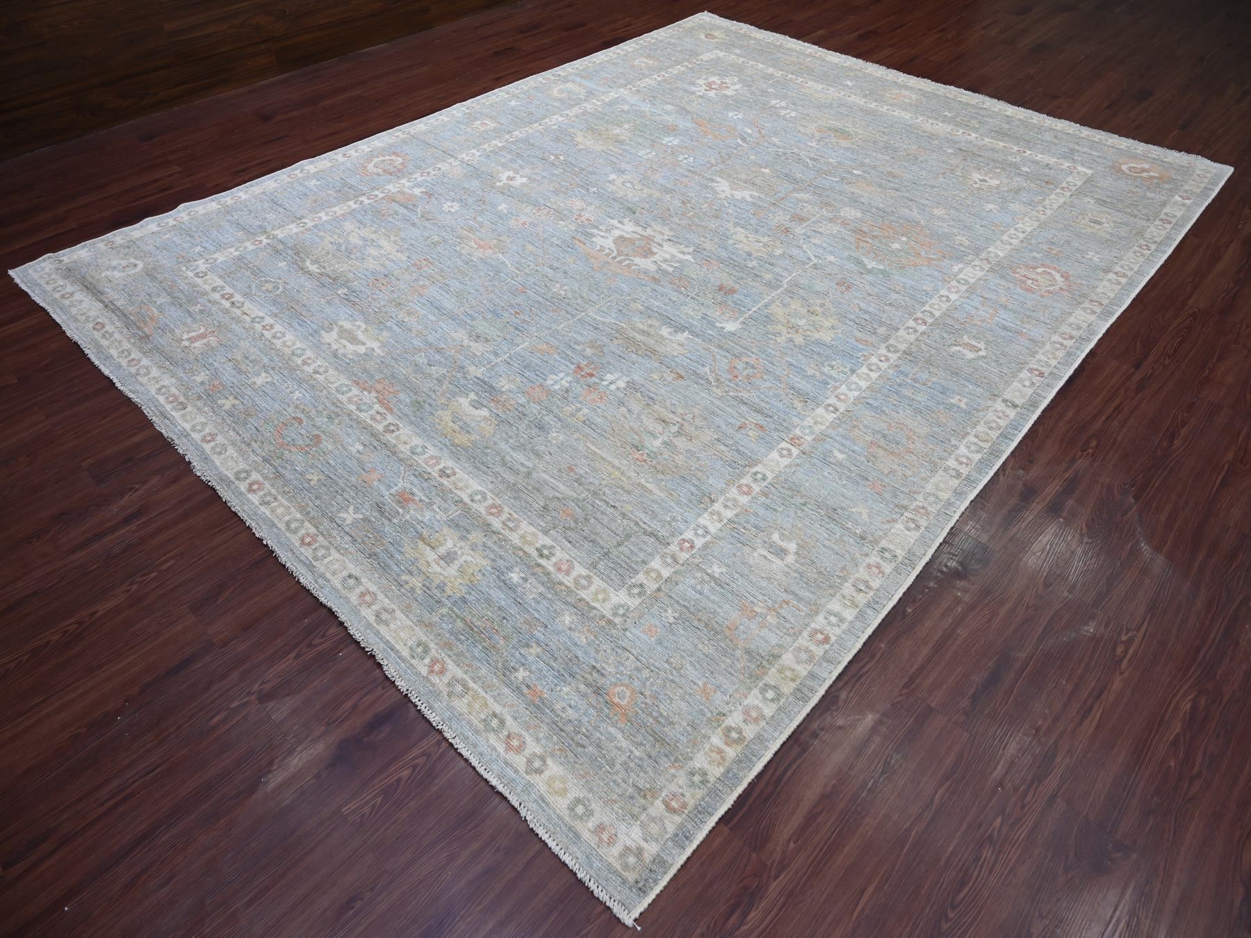 9'1"x11'9" Slate Blue, Afghan Angora Oushak with All Over Leaf Design, Densely Woven, Hand Knotted, 100% Wool, Oriental Rug HR21479 - Image 3