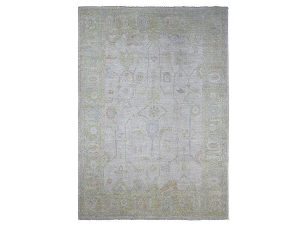 9'8"x13'8" Light Gray, Afghan Angora Oushak with All Over Vines Design, Hand Knotted, Densely Woven, 100% Wool, Oriental Rug HR21483