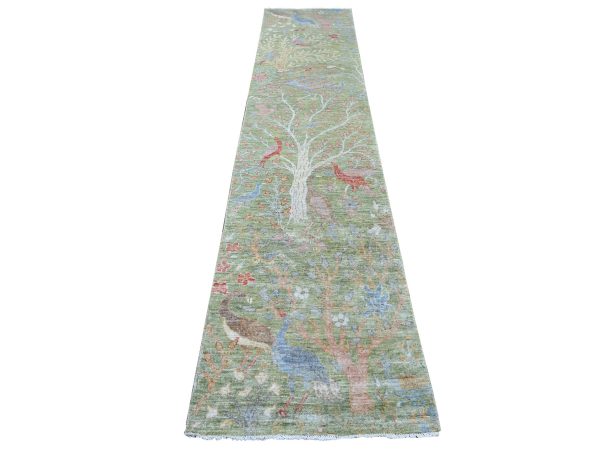 2'6"x12' Swamp Green, Afghan Peshawar with Colorful Birds of Paradise Design, Hand Knotted, Soft Wool, Vegetable Dyes, Runner, Oriental Rug HR21490