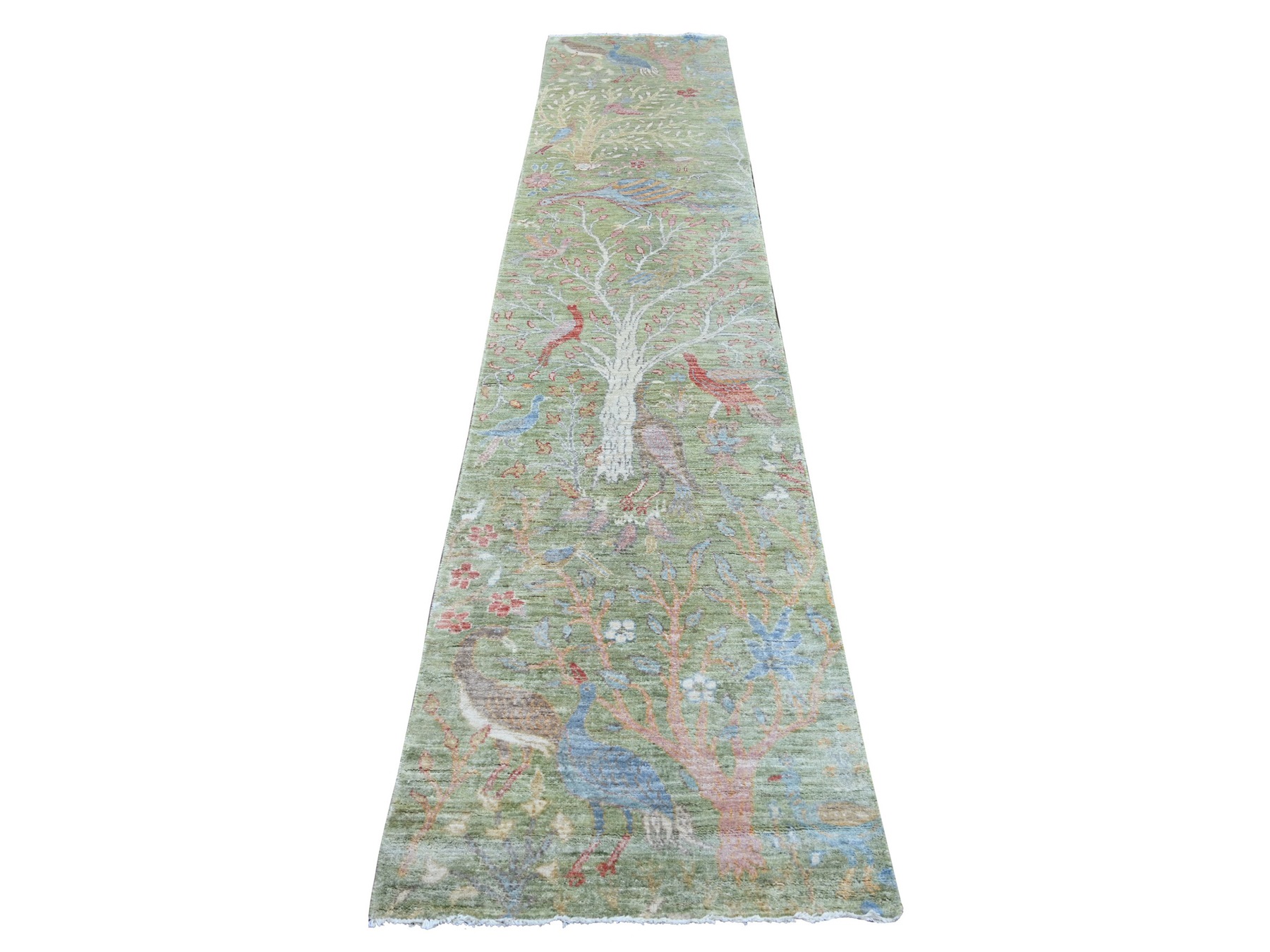 2'6"x11'9" Pickle Green, Afghan Peshawar with Birds of Paradise Design, Hand Knotted, Soft and Velvety Wool, Natural Dyes, Runner, Oriental Rug HR21493