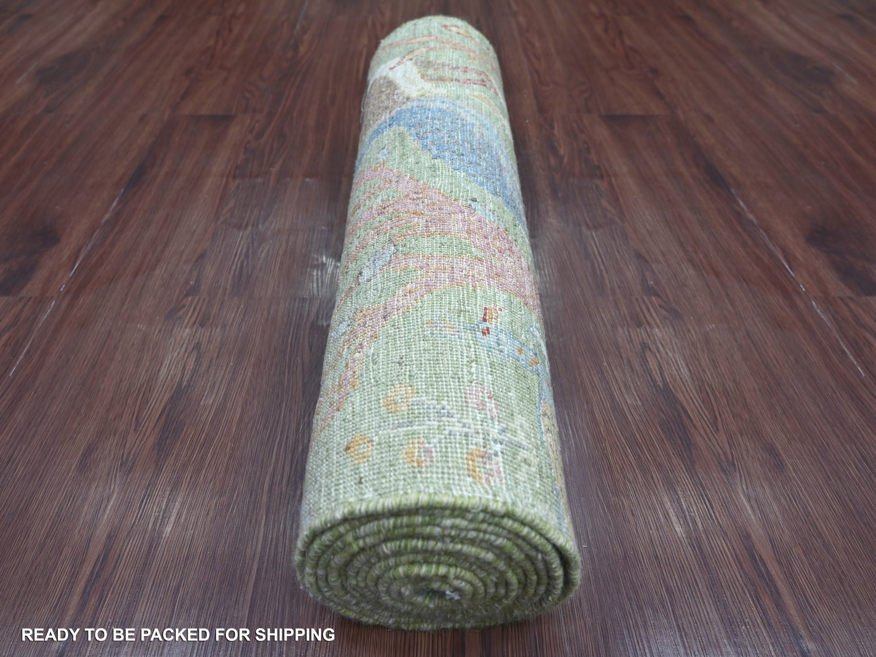 2'6"x11'9" Pickle Green, Afghan Peshawar with Birds of Paradise Design, Hand Knotted, Soft and Velvety Wool, Natural Dyes, Runner, Oriental Rug HR21493 - Image 4