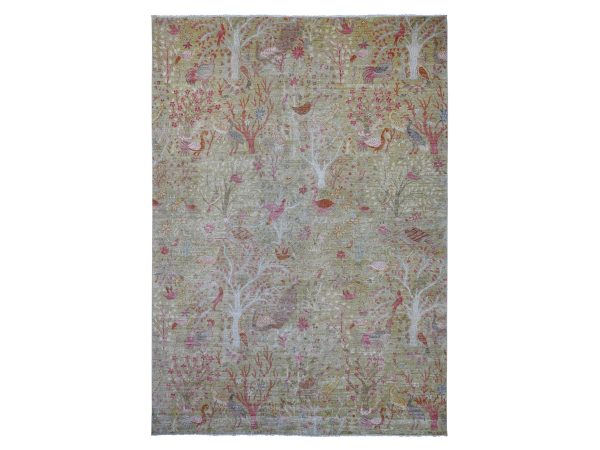 9'8"x13'6" Olive Green, Afghan Peshawar with Birds of Paradise Design, Hand Knotted, Soft and Velvety Wool, Natural Dyes, Oriental Rug HR21507