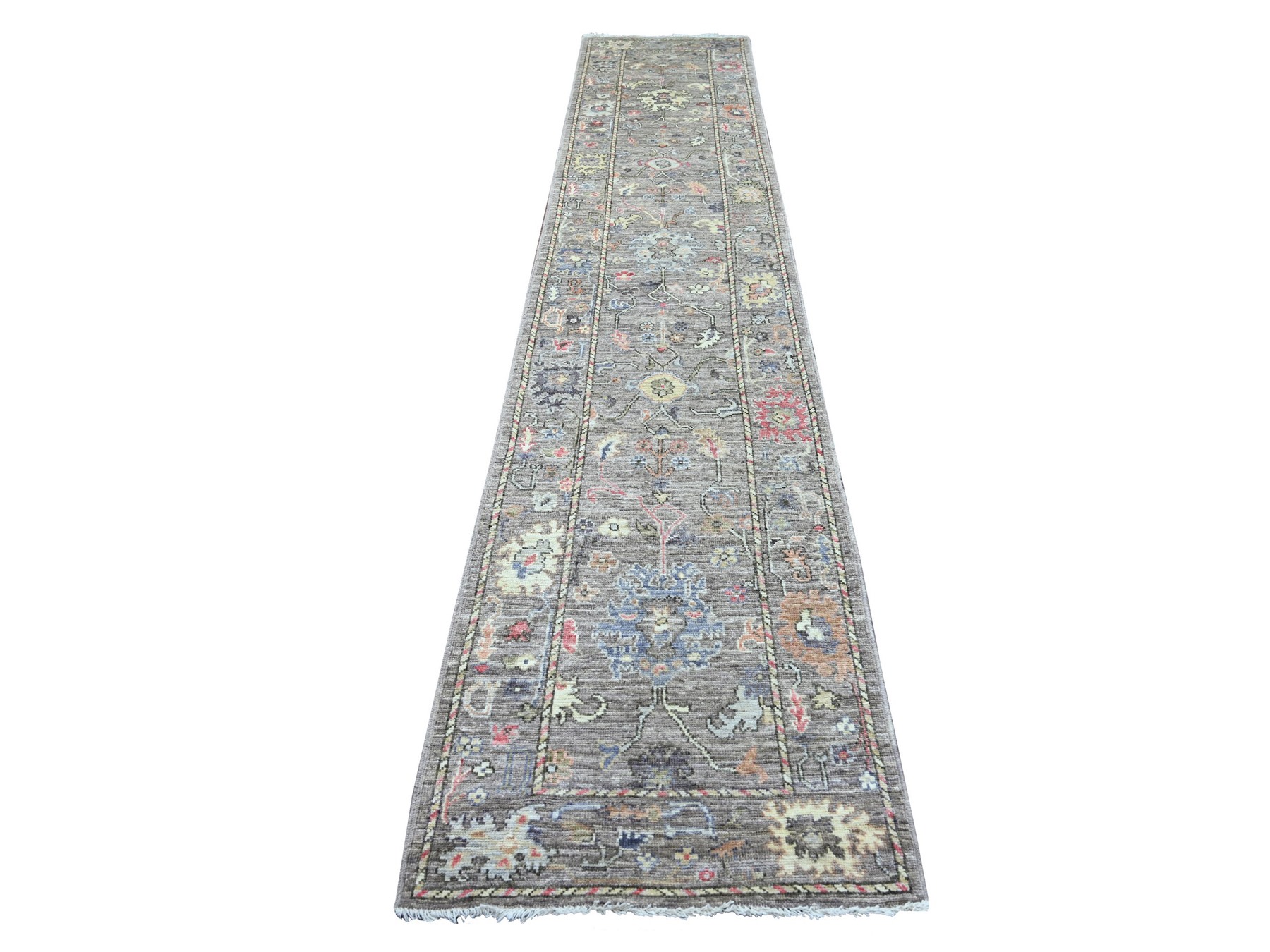 2'8"x13'8" Cedar Brown, Densely Woven, Hand Knotted, 100% Wool, Afghan Angora Oushak with All Over Leaf Design, Runner, Oriental Rug HR21522