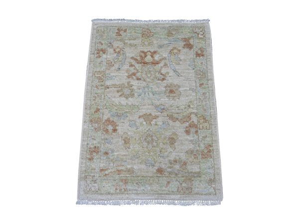 2'1"x3' Oyster Gray, Afghan Angora Oushak with All Over Leaf Design, Natural Dyes, Hand Knotted, 100% Wool, Mat, Sample, Oriental Rug HR21526