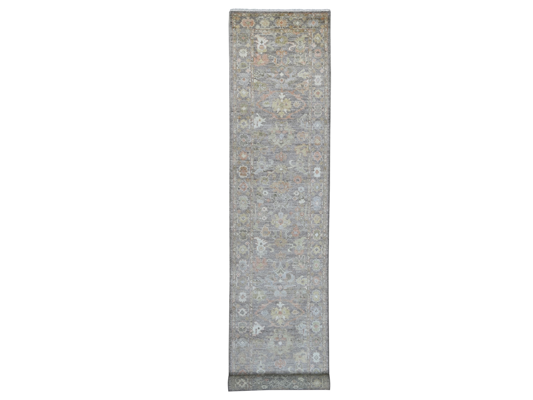 3'x19'4" Carob Brown, 100% Wool, Vegetable Dyes, Hand Knotted, Afghan Angora Oushak with All Over Leaf Design, Densely Woven, XL Runner, Oriental Rug HR21532