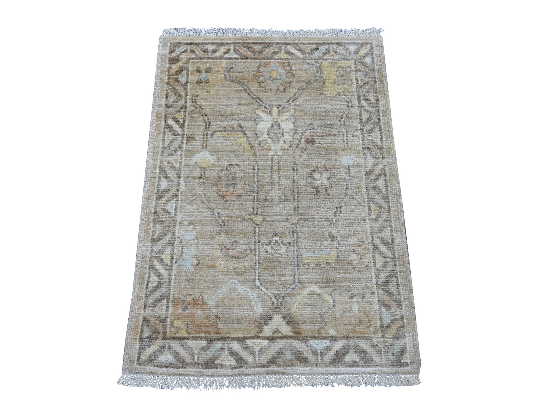 2'x3' Light Brown, Afghan Angora Oushak with All Over Vines Design, Densely Woven, 100% Wool, Hand Knotted, Mat, Sample, Oriental Rug HR21534