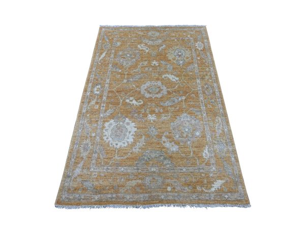 3'10"x5'9" Golden Brown, Hand Knotted, 100% Wool, Afghan Angora Oushak with All Over Leaf Design, Vegetable Dyes, Oriental Rug HR21547