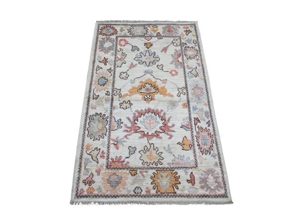 3'x4'9" Daisy White, Natural Dyes, 100% Wool, Afghan Angora Oushak with Colorful Leaf Design, Hand Knotted, Oriental Rug HR21559