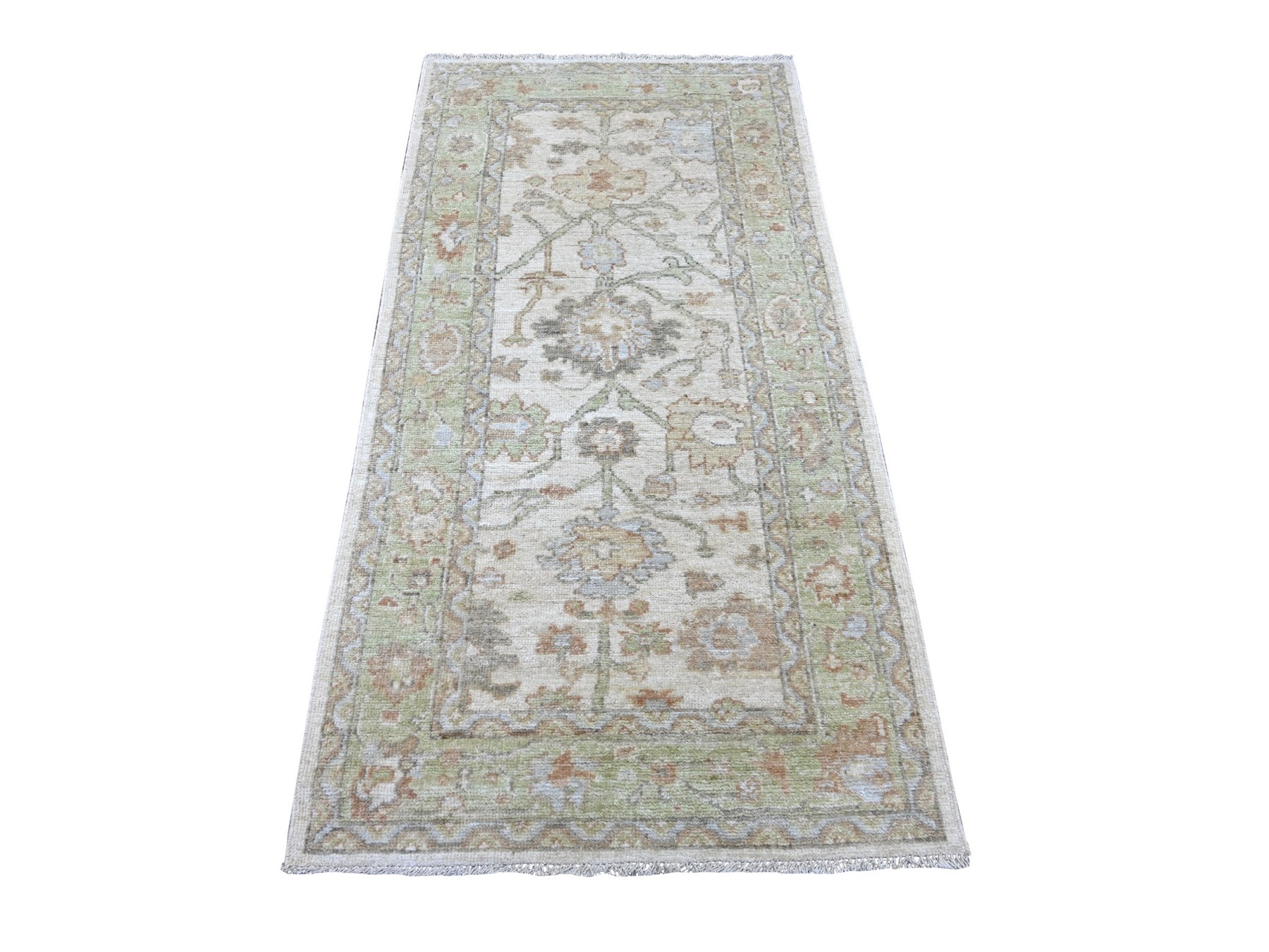 3'x6'1" Oyster Gray, Hand Knotted, 100% Wool, Afghan Angora Oushak with All Over Leaf Design, Vegetable Dyes, Runner, Oriental Rug HR21561