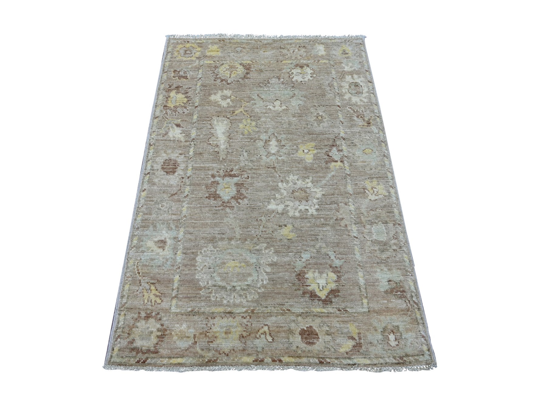 3'3"x4'10" Beaver Brown, 100% Wool, Vegetable Dyes, Afghan Angora Oushak with All Over Leaf Design, Hand Knotted, Oriental Rug HR21565