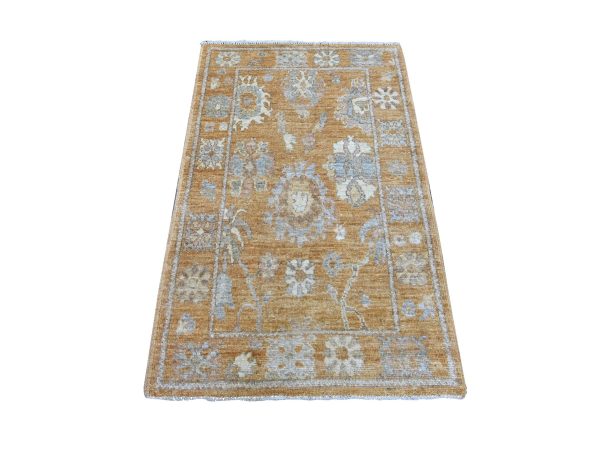 3'2"x5'1" Golden Brown, Hand Knotted, 100% Wool, Afghan Angora Oushak with All Over Leaf Design, Densely Woven, Natural Dyes, Oriental Rug HR21566