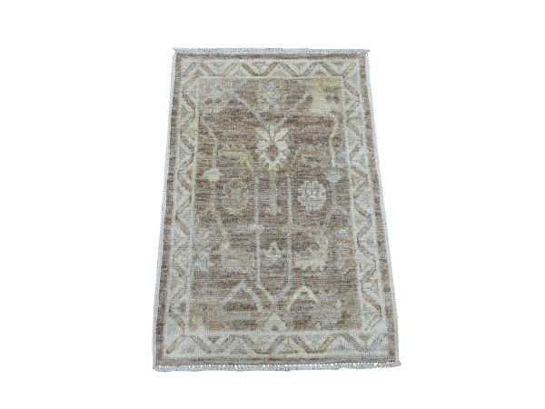 2'1"x3'1" Cedar Brown, Hand Knotted, 100% Wool, Afghan Angora Oushak with All Over Leaf Design, Natural Dyes, Mat, Sample, Oriental Rug HR21575