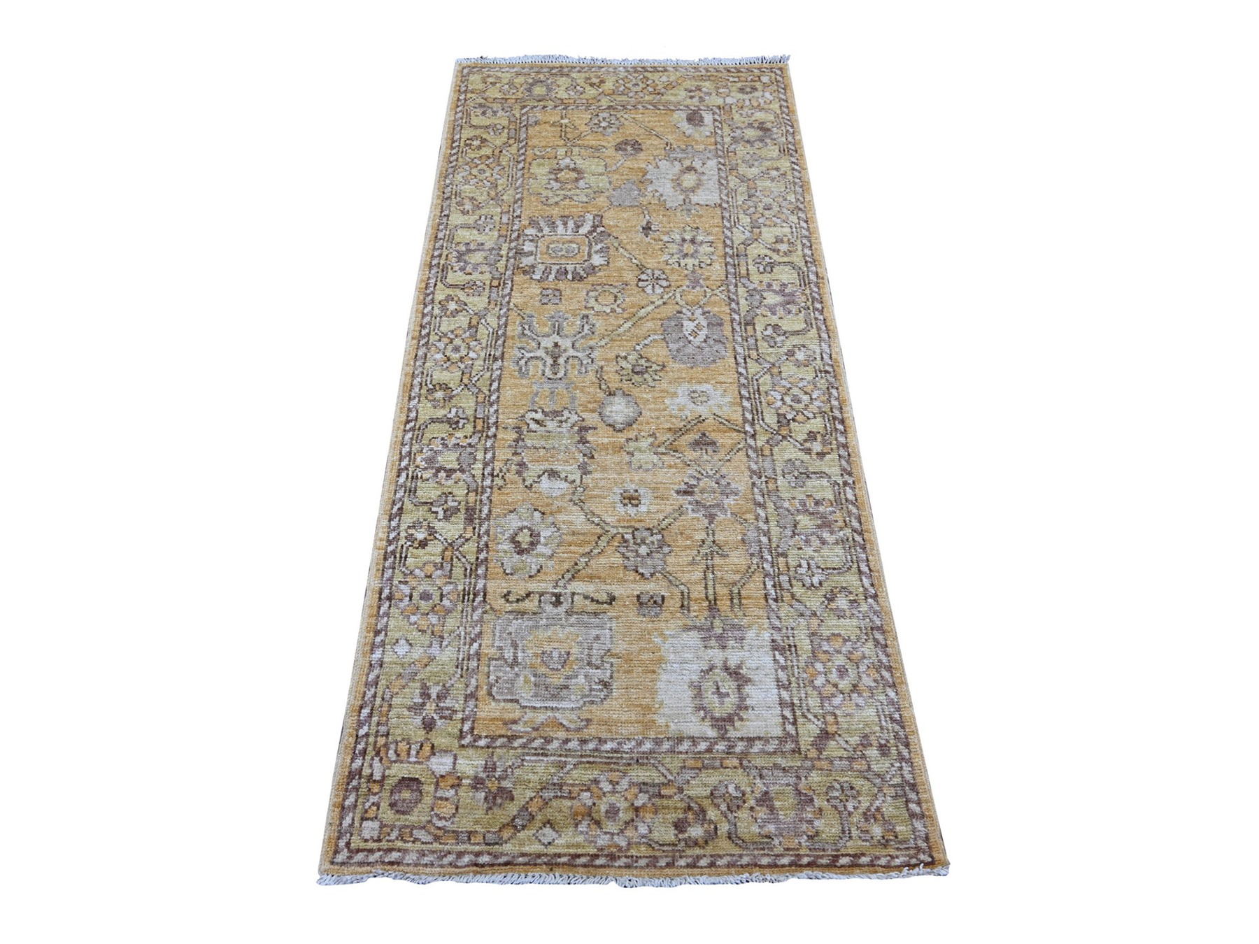 2'9"x6'2" Golden Brown, Afghan Angora Oushak with All Over Leaf Design, 100% Wool, Hand Knotted, Natural Dyes, Runner, Oriental Rug HR21583