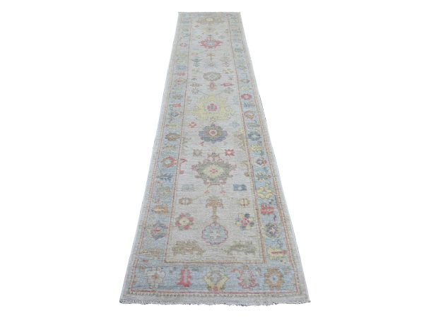 2'7"x12' Silver Gray, 100% Wool, Vegetable Dyes, Hand Knotted, Afghan Angora Oushak with Colorful Leaf Design, Runner, Oriental Rug HR21584