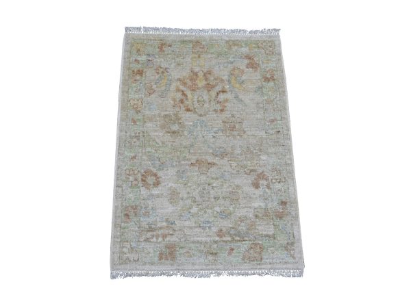2'1"x3' Oyster Gray, Afghan Angora Oushak with All Over Leaf Design, Hand Knotted, Vegetable Dyes, 100% Wool, Mat, Sample, Oriental Rug HR21592