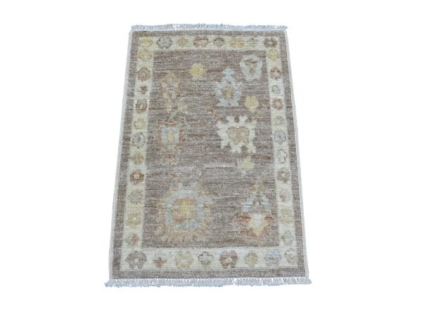 2'x3' Cedar Brown, Hand Knotted, 100% Wool, Afghan Angora Oushak with All Over Leaf Design, Natural Dyes, Mat, Sample, Oriental Rug HR21593
