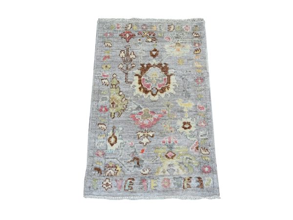 2'x3' Cloud Gray, 100% Wool, Vegetable Dyes, Afghan Angora Oushak with Colorful Leaf Design, Hand Knotted, Mat, Sample, Oriental Rug HR21594