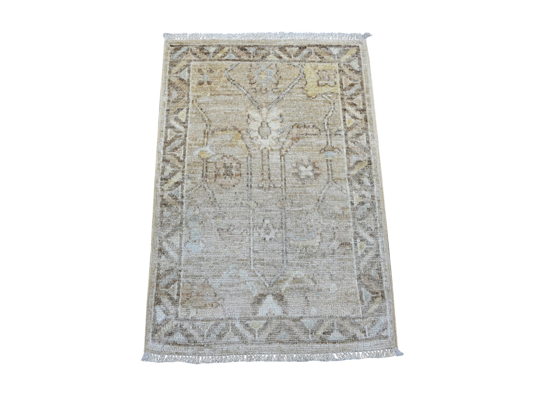 2'x3' Light Brown, Natural Dyes, Afghan Angora Oushak with All Over Vines Design, Hand Knotted, 100% Wool, Mat, Sample, Oriental Rug HR21596
