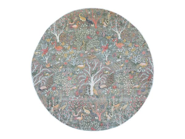 12'2"x12'2" Sage Green, Afghan Peshawar with Colorful Birds of Paradise Design, Hand Knotted, Soft Wool, Natural Dyes, Round, Oriental Rug HR21603