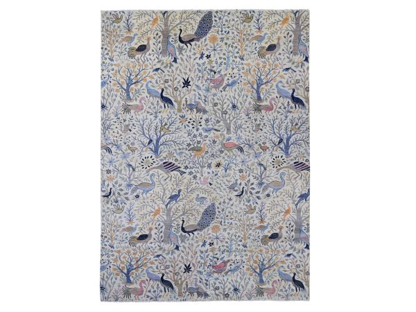 10'2"x14'2" Light Green, Afghan Peshawar with Colorful Birds of Paradise Design, Hand Knotted, Soft and Shiny Wool, Vegetable Dyes, Oriental Rug HR21604