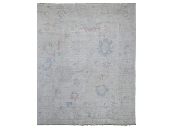 7'8"x9'7" Light Gray, Afghan Angora Oushak with All Over Leaf Design, Hand Knotted, 100% Wool, Vegetable Dyes, Oriental Rug HR21606