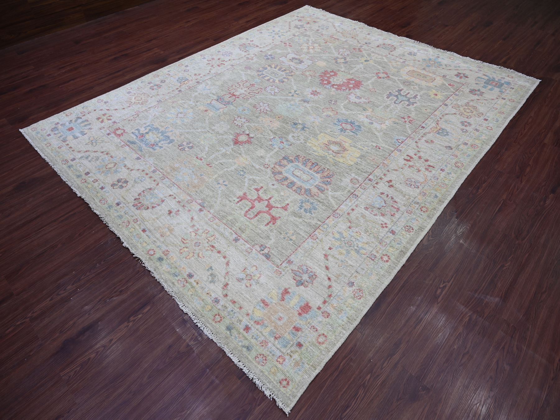 8'x9'10" Artichoke Green, Afghan Angora Oushak with Colorful Leaf Design, Natural Dyes, Hand Knotted, 100% Wool, Oriental Rug HR21610 - Image 3