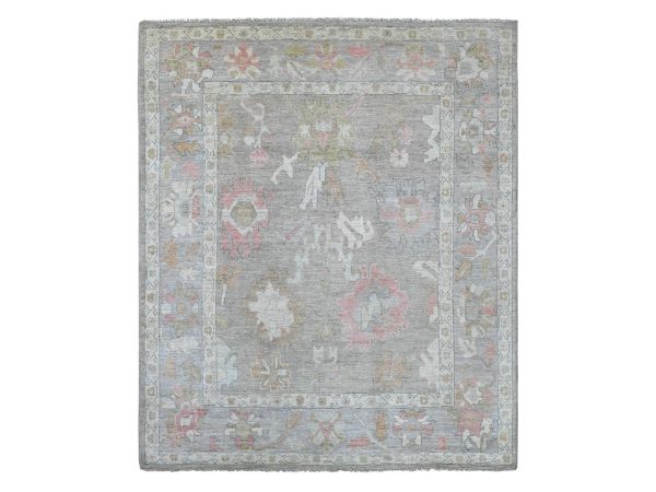 8'3"x9'7" Fossil Gray, Afghan Angora Oushak with All Over Leaf Design, Vegetable Dyes, Hand Knotted, 100% Wool, Oriental Rug HR21614